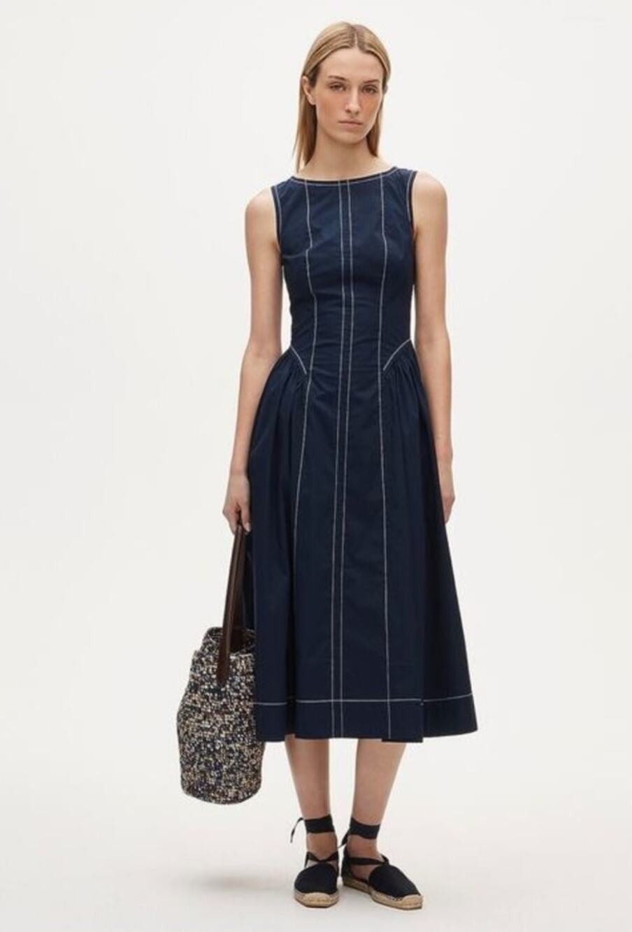 NWT J. Crew Contrast-Stitch Midi Dress In Cotton-Blend Poplin Navy 8